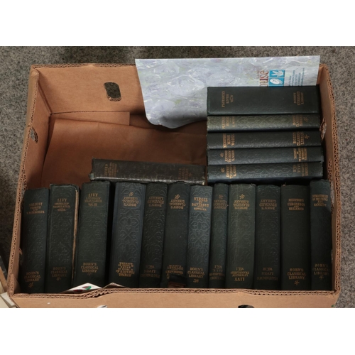 158 - A box of vintage books and ephemera to include Bohn's Classical Library, First Day covers and postca... 