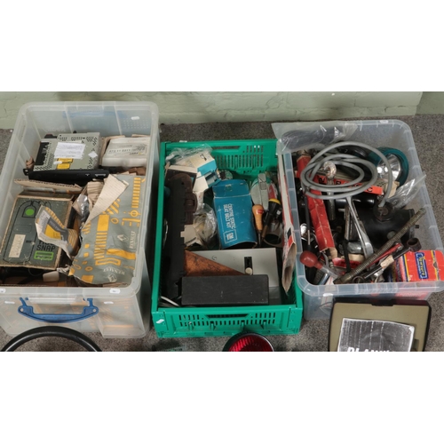 161 - Three boxes of mostly car spares and repairs to include radios, pedals, tools, Planix 7, etc.