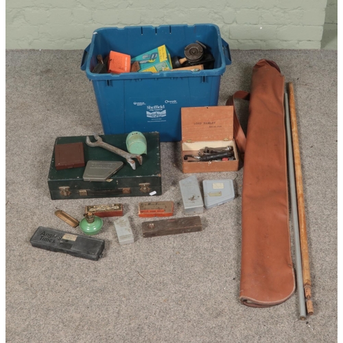 163 - A box of assorted tools to include spirit levels, drill bits, wrenches, etc.