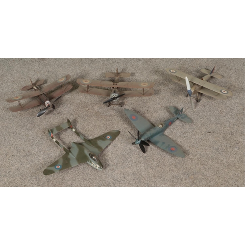 258 - Five small radio control model RAF military airplanes to include Airfix 1:41 Spitfire, Hobbymaster H... 