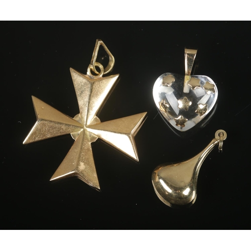 325 - Three 9ct gold pendants formed as a Maltese cross (3.37g), droplet (0.67g) and gold mounted heart (3... 