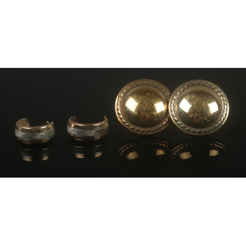 328 - Two pairs of 9ct gold earrings to include two-toned example. Total weight 3.98g.