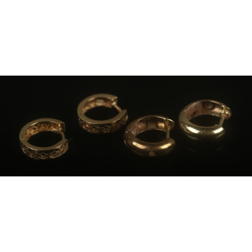 330 - Two pairs of 9ct gold hoop earrings including pierced example. Total weight 3.88g.