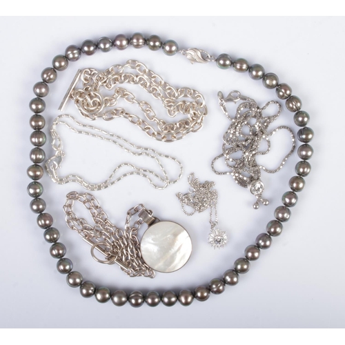 338 - A collection of silver necklaces to include mother of pearl example along with a silver clasped cult... 