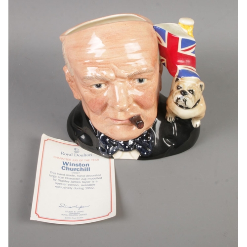 413 - A Royal Doulton large character jug depicting Winston Churchill with bulldog and Union Jack. 1992 Sp... 