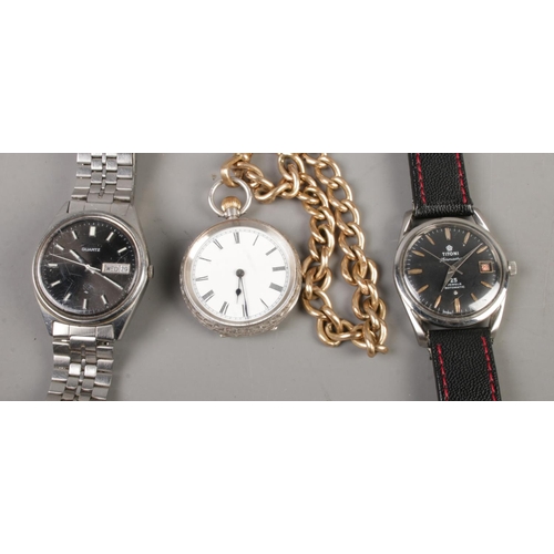 422 - A collection of watches to include Titoni Airmaster, Seiko SQ and ladies silver pocket watch along w... 