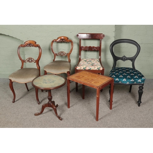 449 - A collection of assorted furniture to include mixed chairs, including upcycled example, and two side... 