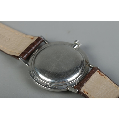 87 - A gents stainless steel Longines manual wristwatch. Having silvered dial, baton and Arabic numeral m... 