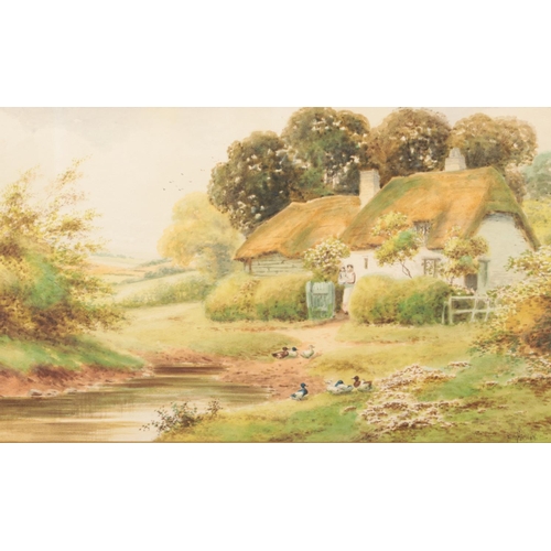 114 - E Hamilton, a pair of framed watercolours, landscape scenes with thatched cottages and figures. 25cm... 