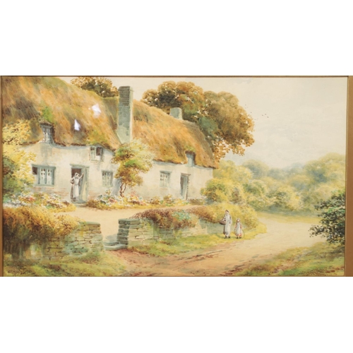 114 - E Hamilton, a pair of framed watercolours, landscape scenes with thatched cottages and figures. 25cm... 