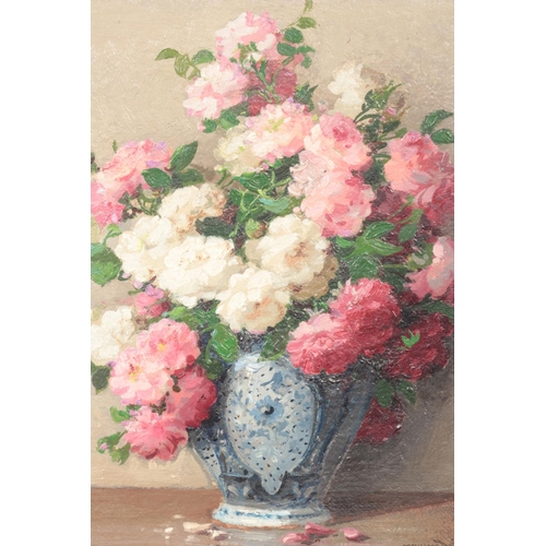 120 - Maurice Decamps (1892-1953), an ornate framed oil on canvas, still life depicting a vase of pink and... 