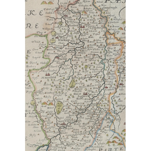 124 - William Kip after Christopher Saxton, a framed coloured engraving, map of Nottinghamshire. Dated 161... 