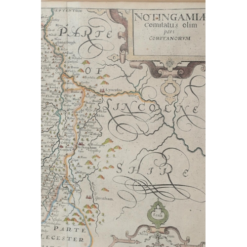 124 - William Kip after Christopher Saxton, a framed coloured engraving, map of Nottinghamshire. Dated 161... 