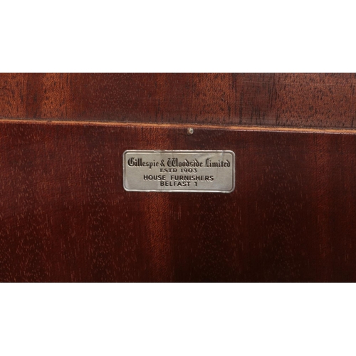 131 - A Regency style mahogany breakfront sideboard with marble top. Label for Gillespie & Woodside. Heigh... 