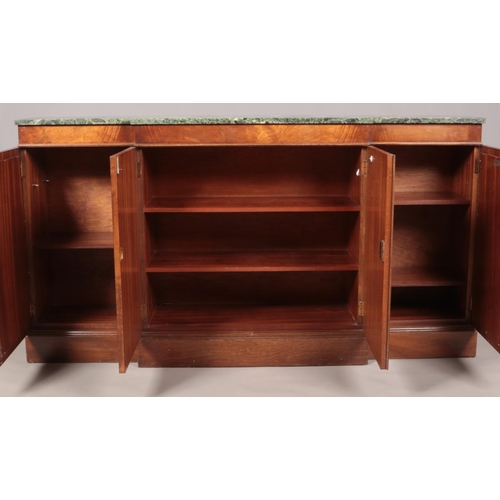 131 - A Regency style mahogany breakfront sideboard with marble top. Label for Gillespie & Woodside. Heigh... 