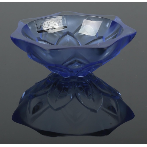 27 - A small Lalique blue glass pin dish with floral decoration. Having original sticker and etched signa... 