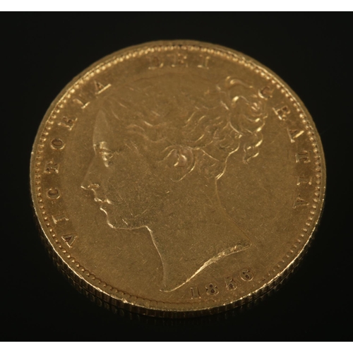 73 - A Victoria gold full sovereign with shield back, 1856. 7.97g.