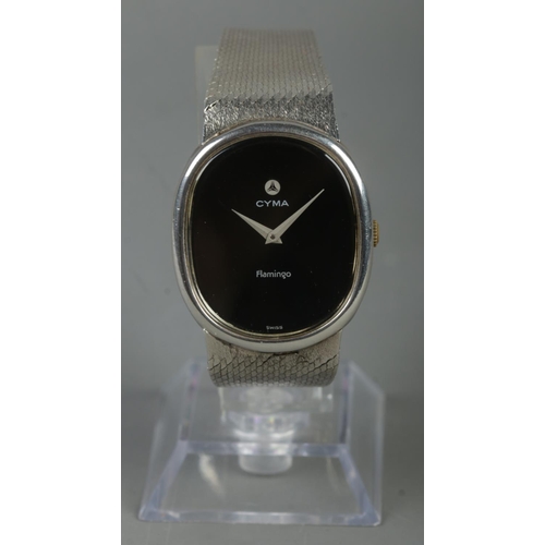 85 - A gents silver cased Cyma Flamingo manual wristwatch on silver strap. Having black dial. With origin... 