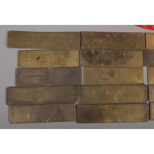 275 - A box of engraved brass name plates. Mostly by Nicholson.