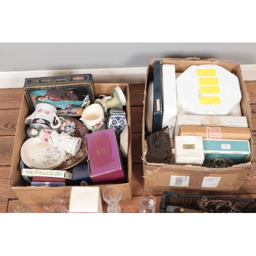 305 - Three boxes of miscellaneous to include Poole pottery, Purbeck, two Rotary Phones, glassware, cabine... 