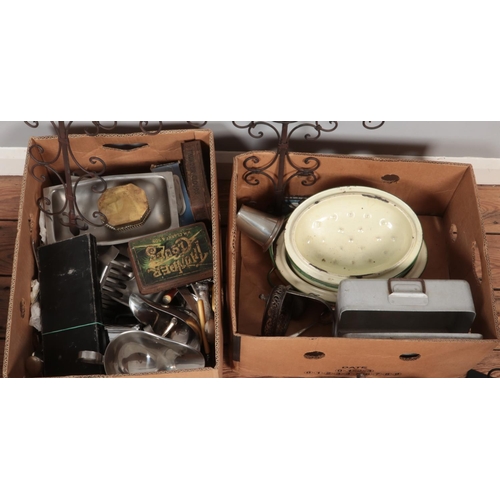 359 - Two boxes of metalwares. Includes horn handled flatware, trays, tins, kitchenalia, scales, cross wal... 