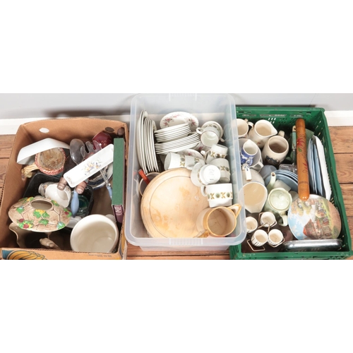 362 - Three boxes of miscellaneous. Includes Le Creuset pan and casserole dish, Masons blue white plate, R... 