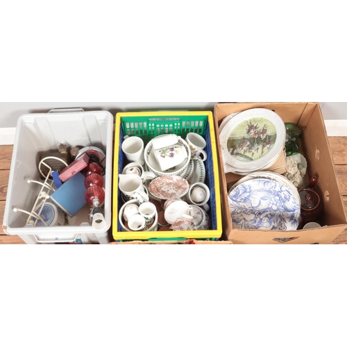 364 - Four boxes of miscellaneous. Includes Christmas decorations, Royal Worcester, Coalport, ruby glass t... 