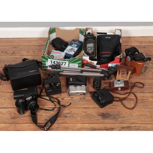 376 - Two boxes of mostly photographic equipment. Includes Olympus macro lens, tripod, boxed Miranda flash... 