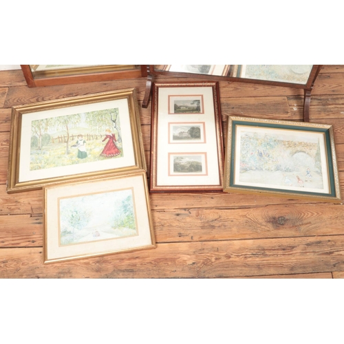 430 - Three framed acrylic painting signed E.M.F along with framed etchings and two vintage mirrors.