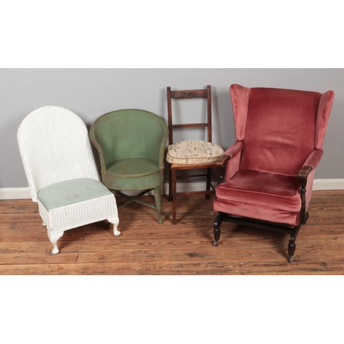 595 - A selection of chairs including rattan examples and pink velvet rocking chair