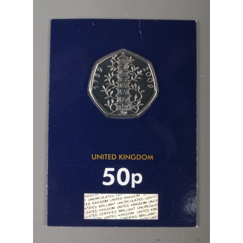 281 - Change Checker; two sheets containing ten 50p pieces commemorating the 50th anniversary of the 50p c... 