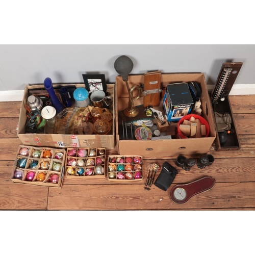 330 - Two boxes of assorted miscellaneous. To include blood pressure monitor, vintage Christmas baubles, b... 