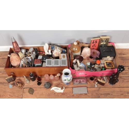 346 - Two boxes of assorted miscellaneous, to include salt lamp, stoneware flagon, alabaster dolphin and h... 