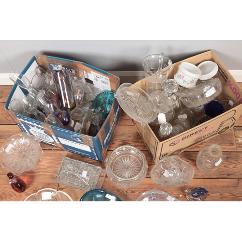 361 - Two boxes of glass including cut glass decanters, cut glass bowls and vases, coloured glass figurine... 