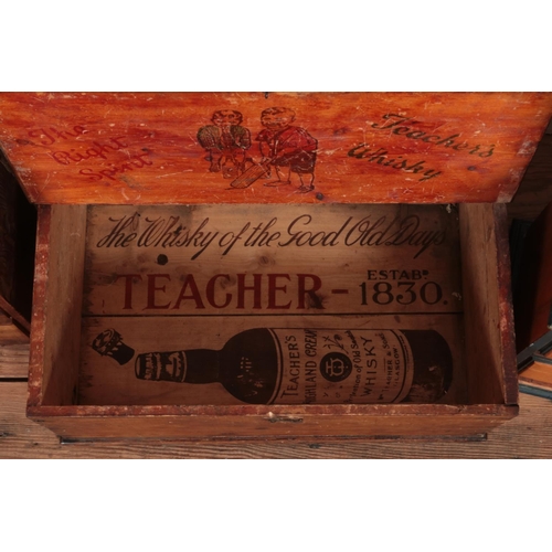 390 - Five miniature sets of wooden drawers, together with a vintage Teacher's Whisky advertising crate.