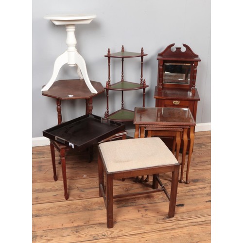 612 - A selection of furniture including burr walnut nest of tables, Corner whatnot, occasional tables, ca... 