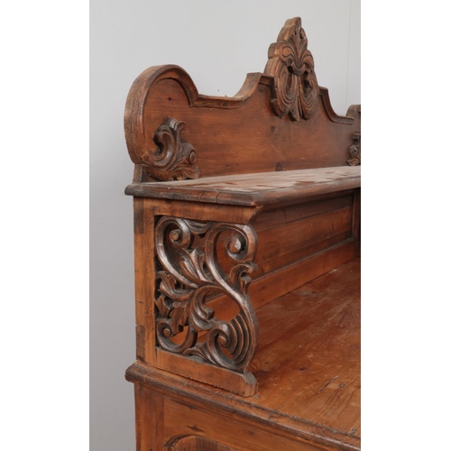 604 - A Victorian pine chiffonier, with cupboard door base and carved scrolled detailing. Height: 145cm, W... 