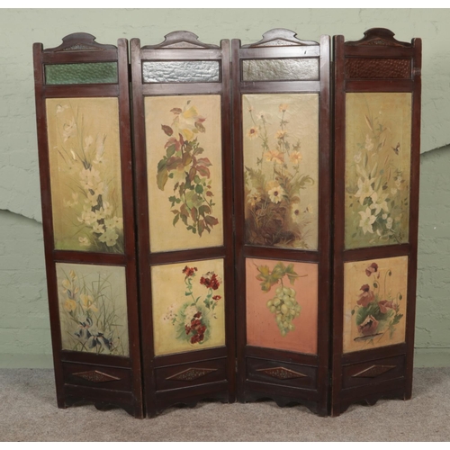 573 - An Edwardian hand painted folding screen with floral artwork.