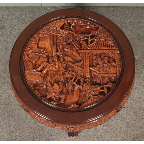 597 - Mahogany coloured carved Chinese design circular glass top coffee table with four smaller tables nes... 