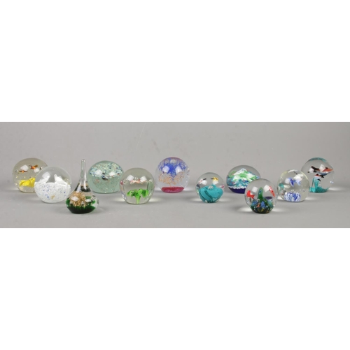 14 - Eleven glass paperweights, to include lizard, birds and butterflies examples.