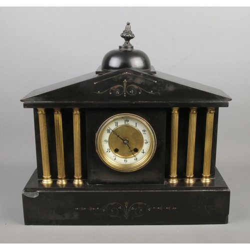 61 - A large Victorian slate and brass mantel clock