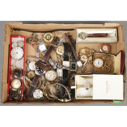 81 - A tray of ladies & gents watches. Includes fob watches, movements, albert chains, etc.