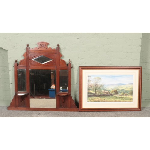 461 - After Keith Melling, a signed framed print of Swaledale, along with a carved mahogany over mantel mi... 