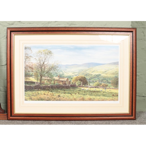 461 - After Keith Melling, a signed framed print of Swaledale, along with a carved mahogany over mantel mi... 