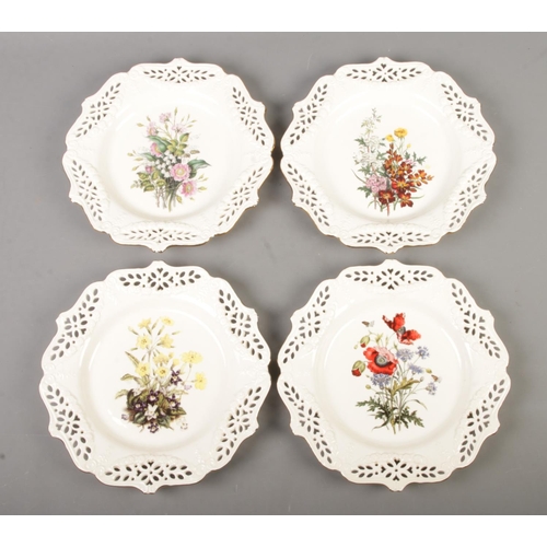 91 - Four limited edition pierced Royal creamware cabinet plates. Floral gift collection decorated after ... 