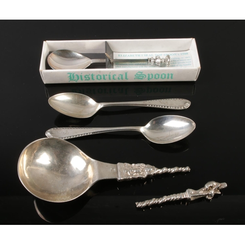 537 - Three silver spoons along with a boxed silver plate spoon, 105.6g