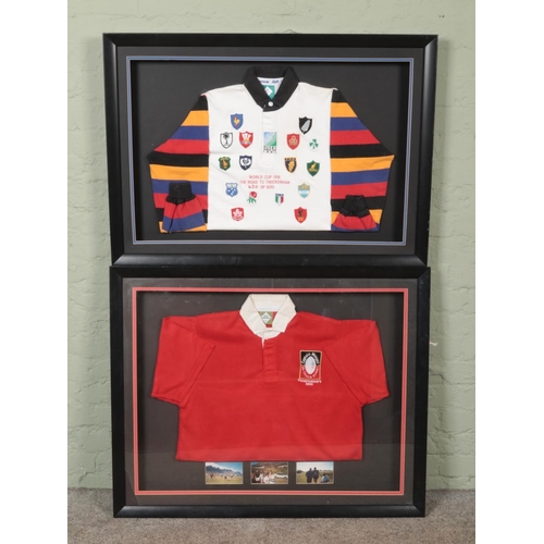 466 - Two framed rugby shirts; a limited edition 'The Road to Twickenham' 426/500 and Captain Morgan Touch... 