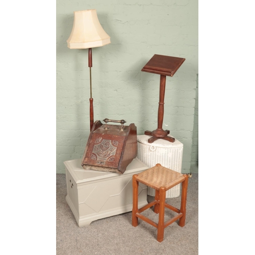 567 - A small quantity of furniture. Includes small mahogany lectern, standard lamp, blanket box, etc.