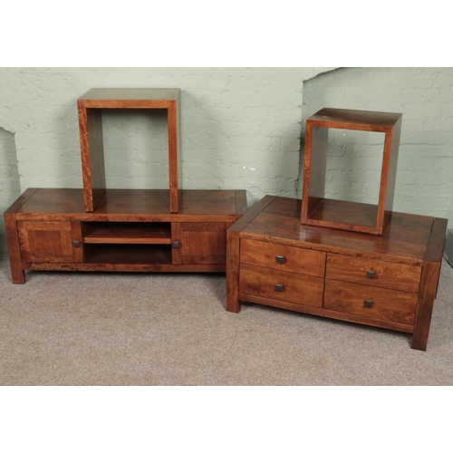 589 - A dark stained hardwood living room set including coffee table, side tables and tv cabinet.