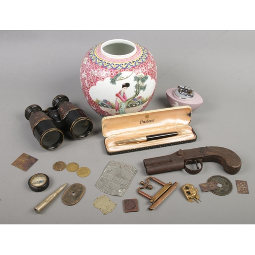 107 - A quantity of collectables. Includes cased parker 61 pen, antique double barrel pistol, pair of leat... 